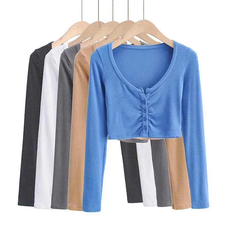 sommer Sexy Frauen Crop Tops Langarm T-shirt Clubwear Tasten Solide T Shirt Frauen Schwarz Weiß Schlank Tops