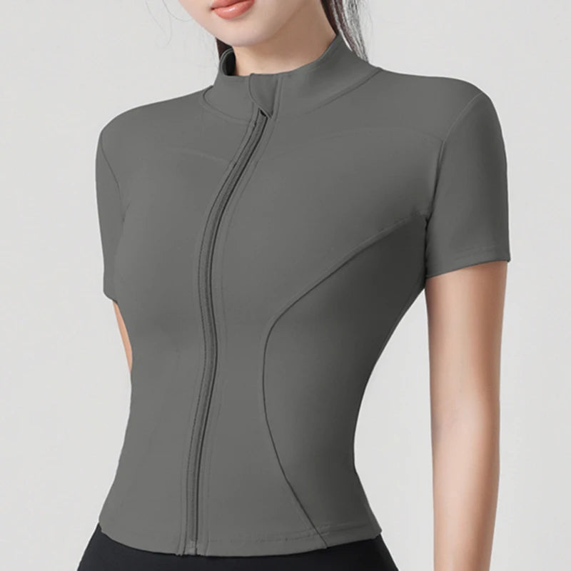 Woman yoga Jacket High Elastic Yoga Short Sleeve Coat Stand Collar Tight Sports Coat Naked Fitness Short Sleeve Female