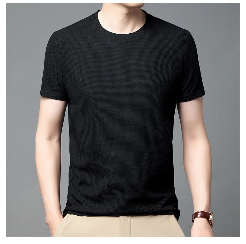 Kurzarm-PoloshirtKurzarm Waffle Solid Polot Fashion Splicing Herren-Rundhals-Top aus Baumwolle mit kurzen Ärmeln für den täglichen Gebrauch