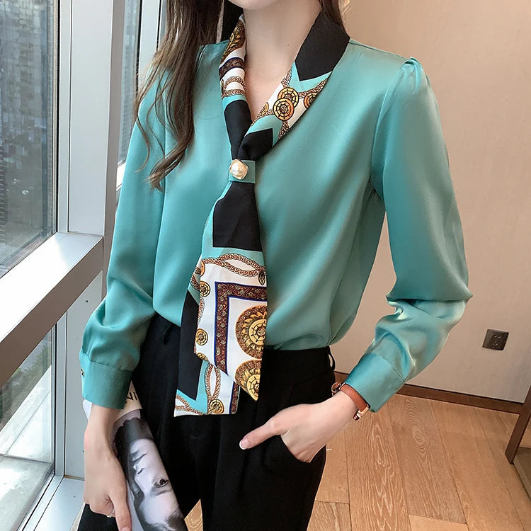 H Han Königin Frühling Chiffon Einfache Büro Dame Bluse Weibliches Hemd Bogen Tops Langarm Casual Koreanische OL Lose Blusen Frauen