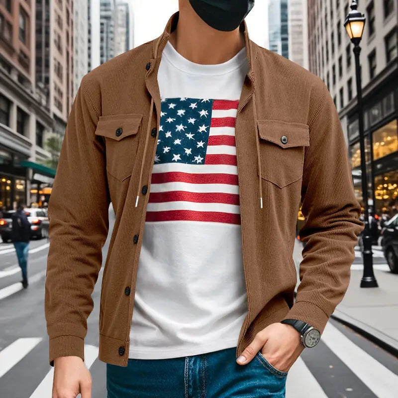 American heavy corduroy men's jacket simple and versatile multi-pocket stand-up collar long-sleeved jacket