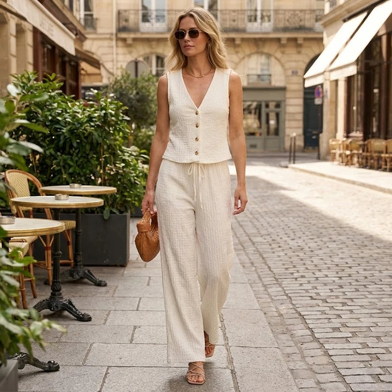 Willshela Frauen Mode 2-teiliges Set Solide Einreiher Tank Tops & Vintage Hohe Elastische Taille Hosen Weibliche Chic Hosen Anzug