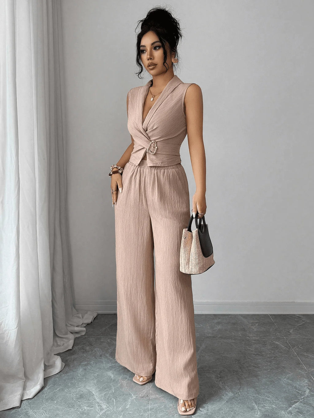 Damen 2-Teiliges Outfit Sommer Ärmelloses Wickel-V-Ausschnitt Crop Top Weite Hose Set Lässiges Elegantes Büro Zweiteiler