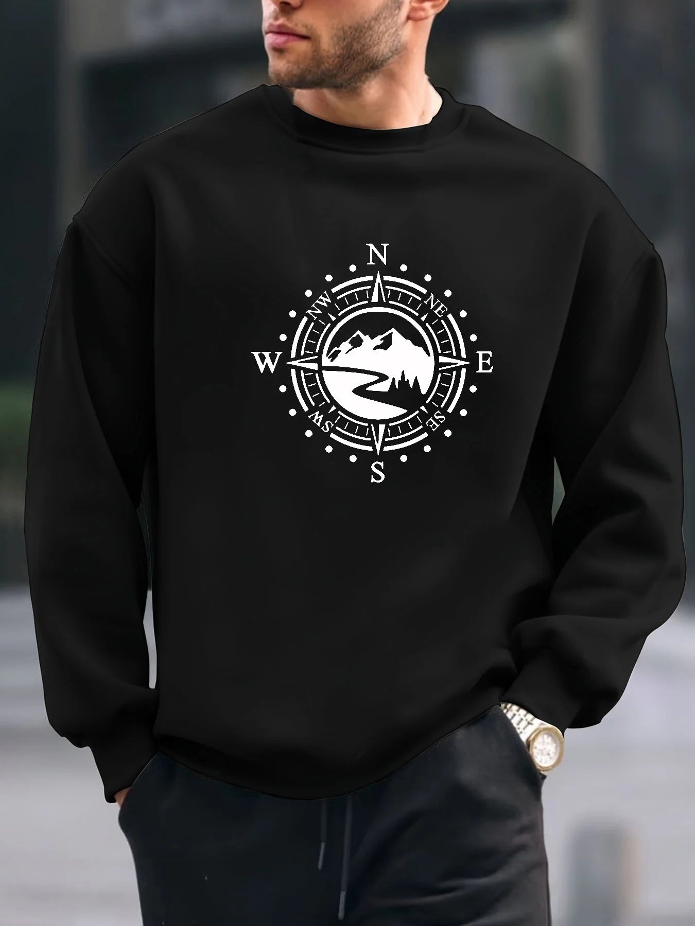 Men's autumn and winter fashionable casual loose compass and mountain graphic printed long sleeved round neck sweatshirt