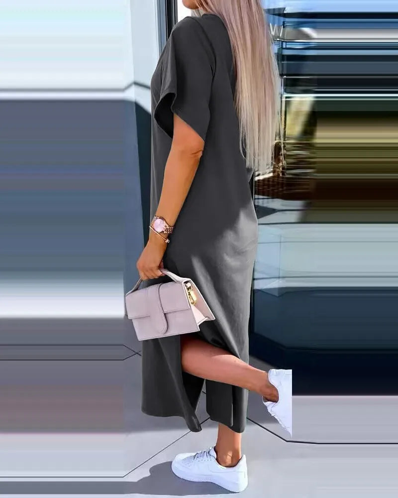 Fashion Simple O Neck Short Sleeve Solid Dress For Women New 2024 Summer Casual Loose Comfortable Split Long Dress Robe Femme