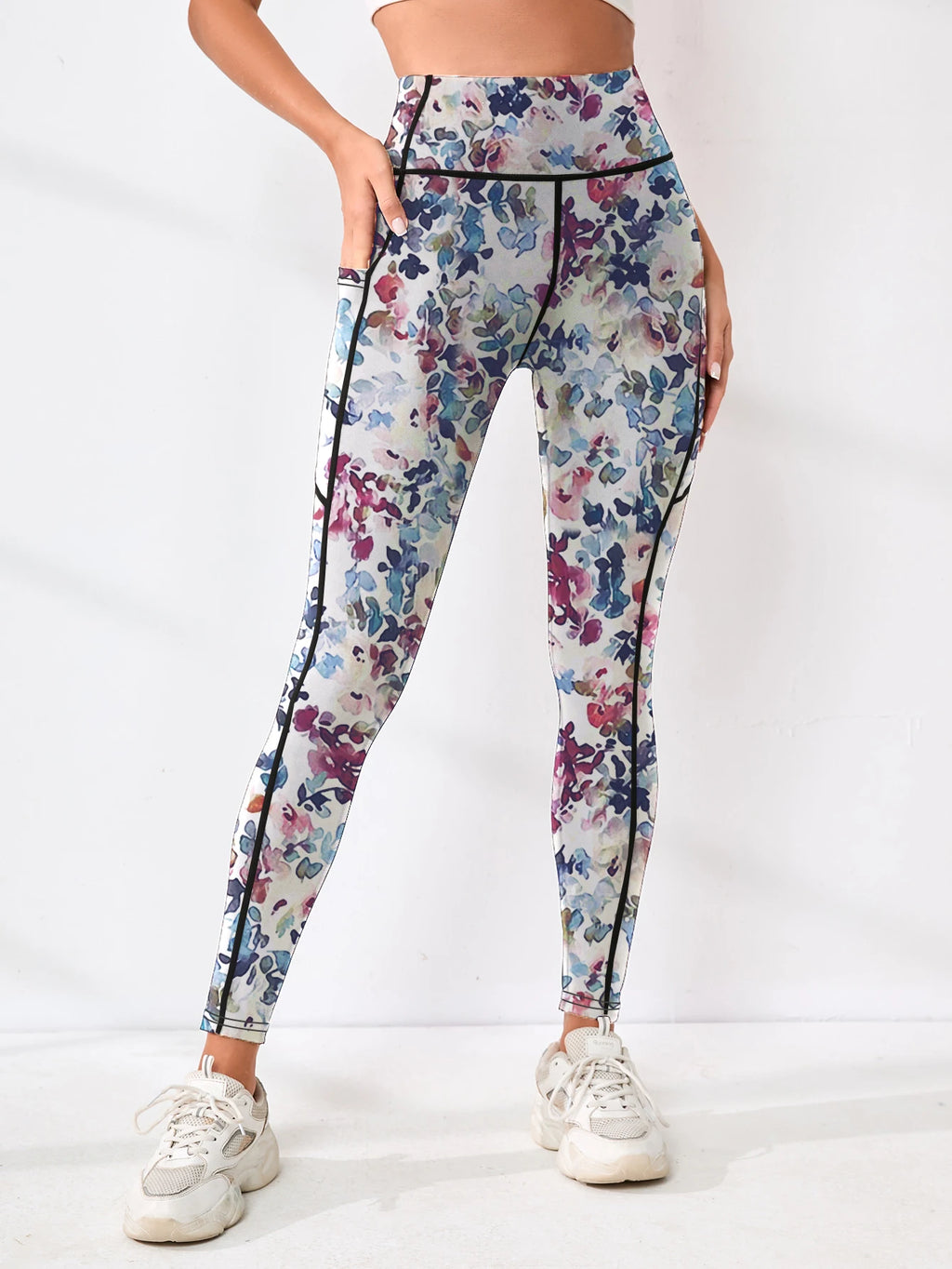 Bedruckte Damen-Fitnesshose mit hohem Bund und Tasche, gepaart mit engen Bauch-Yogahosen, geeignet zum Laufen, Wandern und Sp