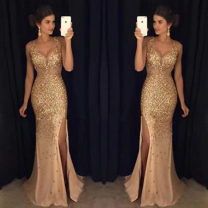 2023 neue Frauen Party Kleid Mesh Patchwork Pailletten Ärmel Split Saum Abendkleid Meerjungfrau Form Slim Fit Prom Bankett Kleid