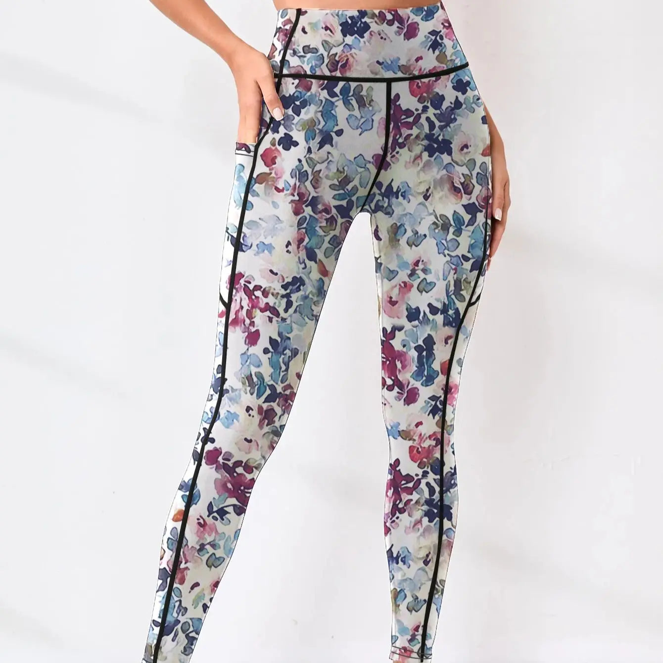 Bedruckte Damen-Fitnesshose mit hohem Bund und Tasche, gepaart mit engen Bauch-Yogahosen, geeignet zum Laufen, Wandern und Sp
