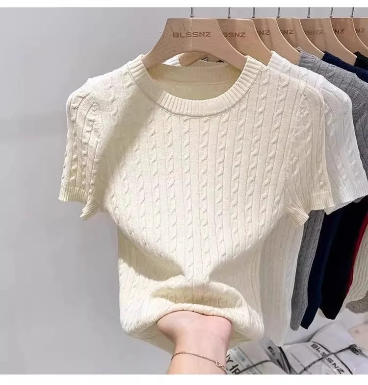 Zjaiss 2026 Sommer Koreanisches Retro Elegantes Textur-Kurzarm-Oberteil mit O-Ausschnitt und Zopfmuster für Damen – Weiches, lässiges, vielseitiges, dünnes T-Shirt