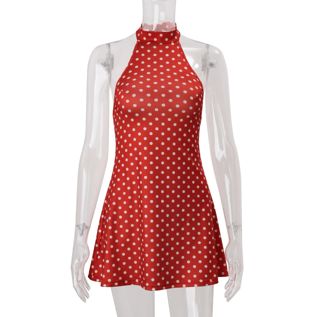 Polka Dot Elegante Off Schulter Ärmellose Backless Hohe Taille Halter Mini Kleid Y2K Sommer Fashion Club Party Vestidos