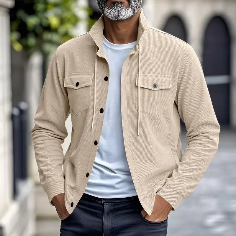Amerikanische schwere Cord-Herrenjacke, einfache und vielseitige Langarmjacke mit Stehkragen und mehreren Taschen