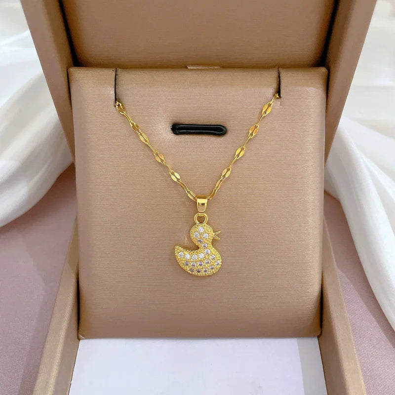 EILIECK 316L Edelstahl Glanz Zirkonia Schwan Anhänger Halskette Gold Farbe Textur Metall Personalisierte Schmuck Halskette