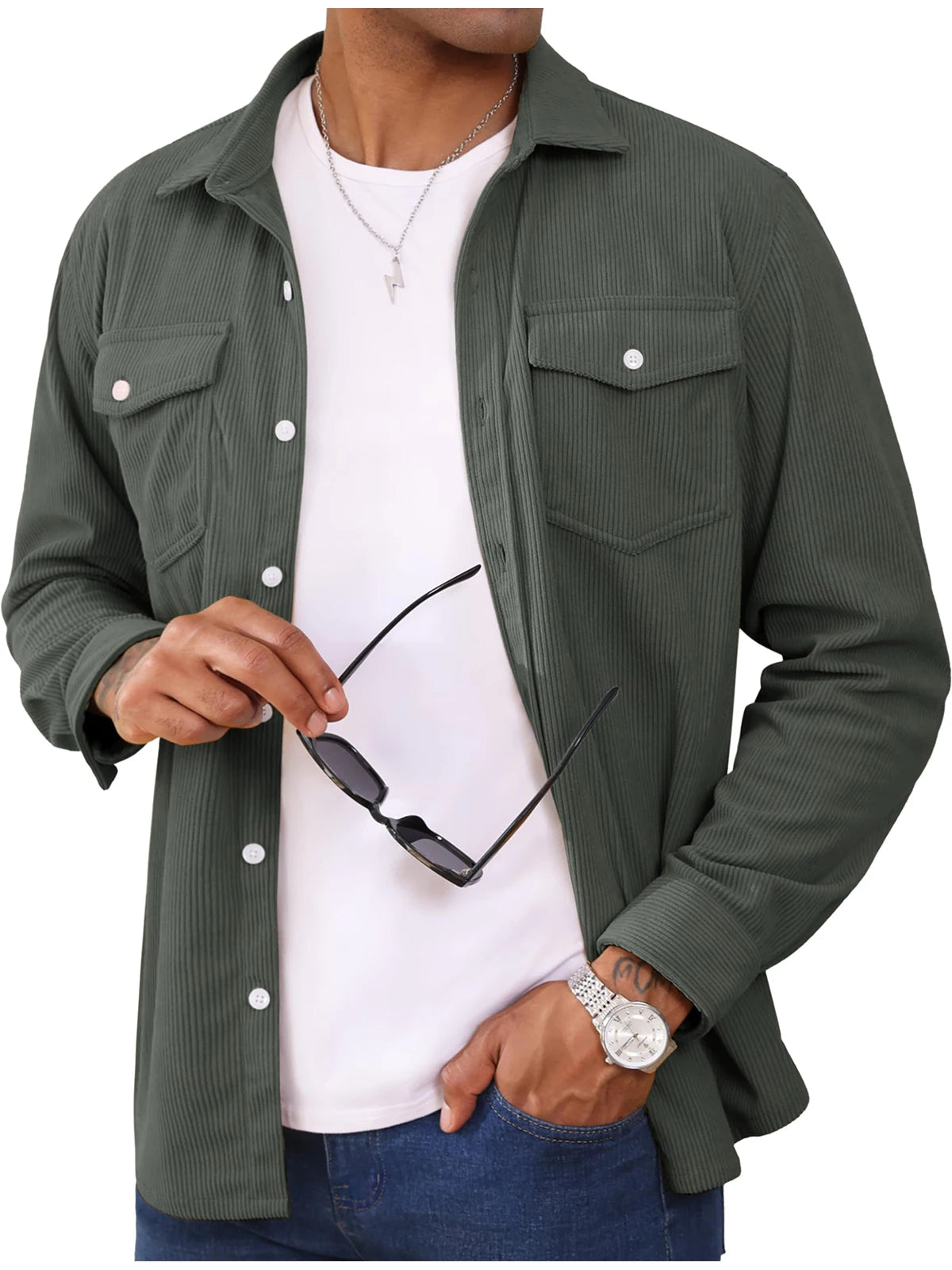 MAGCOMSEN Herren-Cordjacke, langärmelig, lässig, leichtes Hemd mit Brusttasche, Arbeit, Alltagsjacke, Frühlings- und Herbstmantel