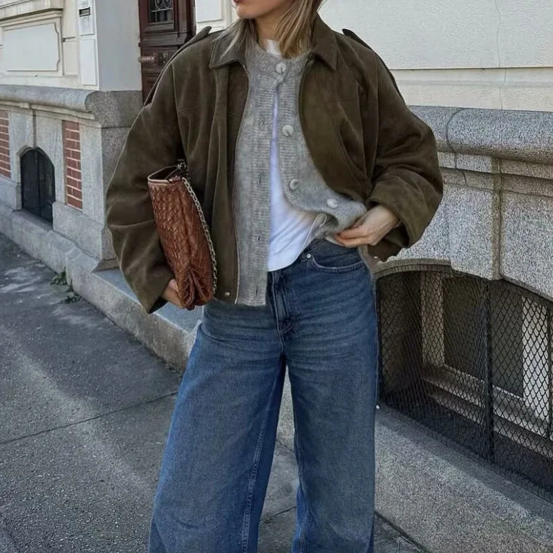 Retro Style Suede Jacket Zipper Collar Outerwear for Women Medium Thickness Long Sleeve Street Fashion Loose Fit Autumn Winter