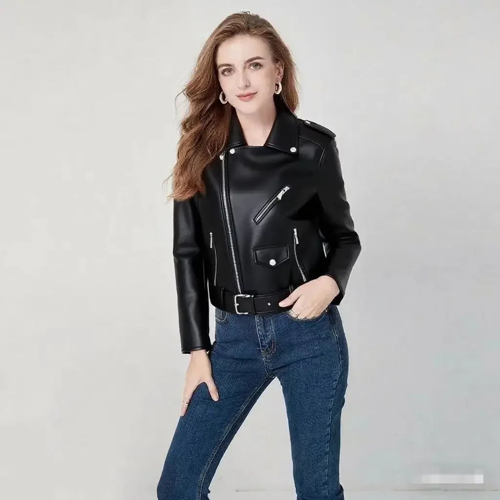 Women's PU Leather Jacket Slim Fit Motorcycle Washed Zipper Top Autumn Winter Fashion Outerwear Casual Style Full Sleeve