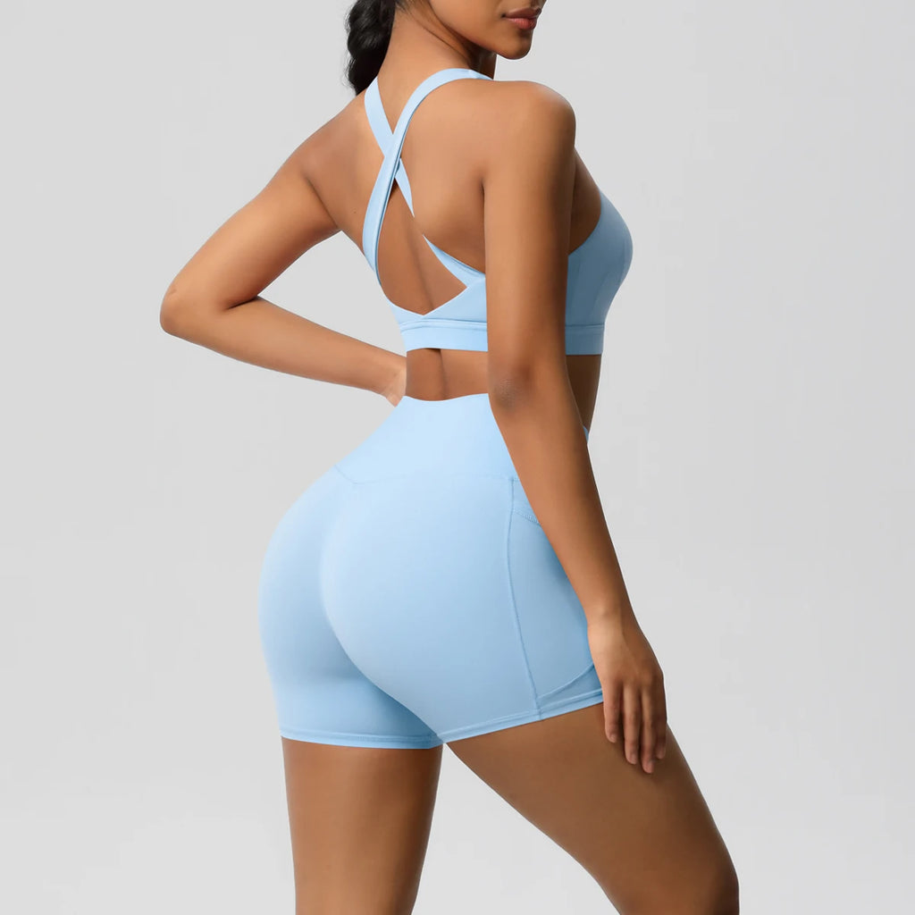 2PCS Sportswear Mit Taschen Yoga Set Gymnastik Kleidung Yoga Anzüge Für Frauen Trainingsanzüge Sport Shorts Crossover Bh Gym Leggings
