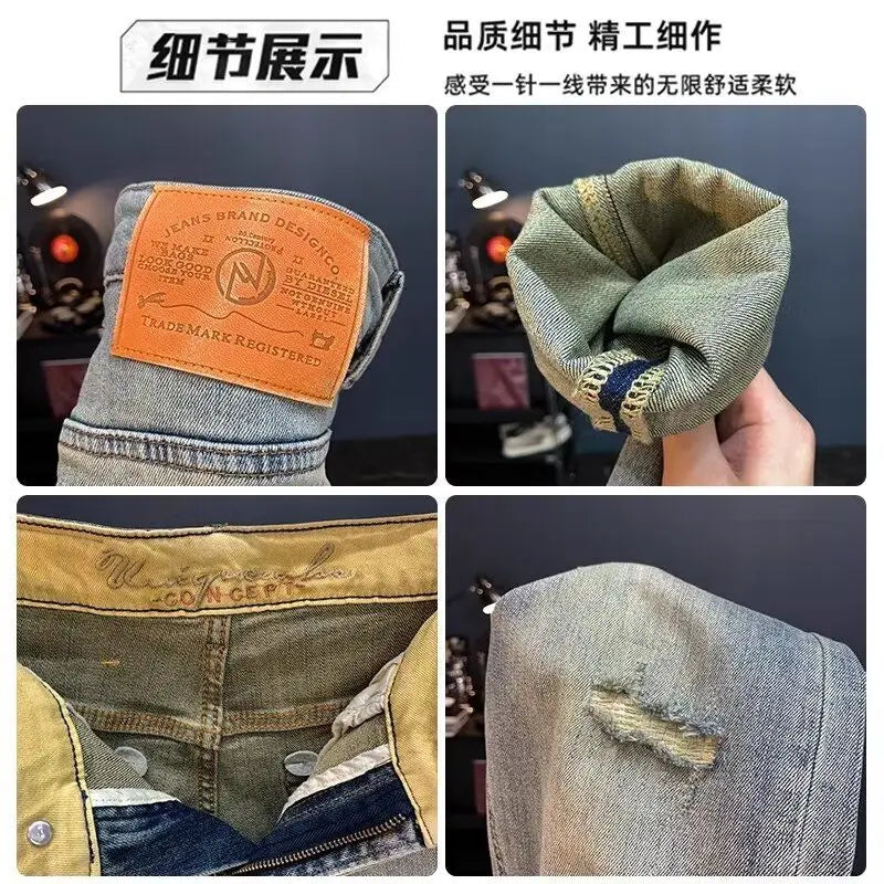 Jeans für Herren 2025, Frühling und Herbst, kleine zerrissene Jeans, Herren-Vintage-Hosen, trendige Marke, Harlan-Männerkleidung, Streetwear-Kleidung