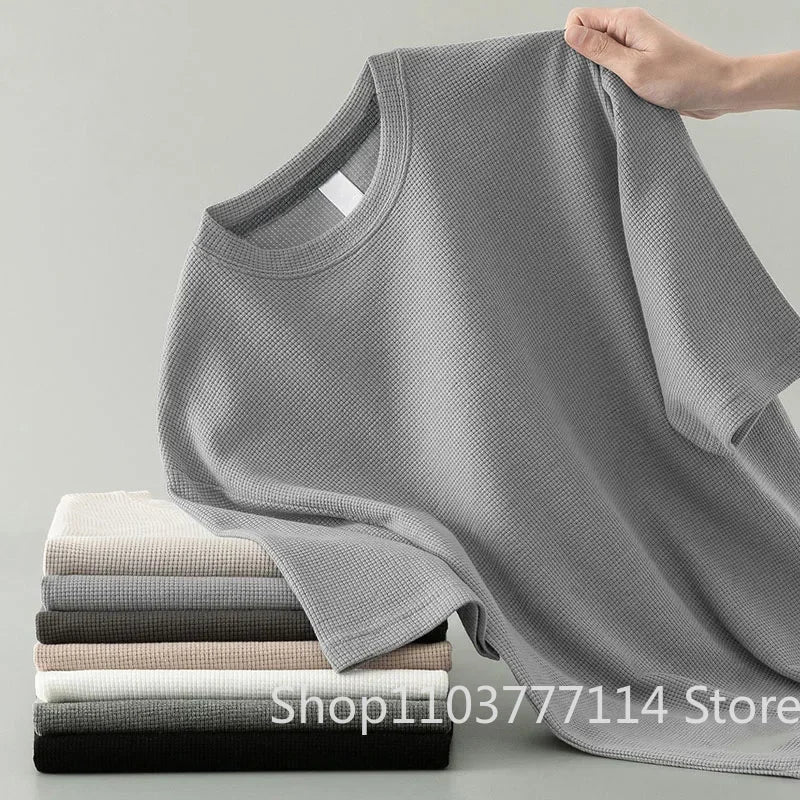 Koreanischen Stil Männer Sommer T-Shirt Mann Kurzarm Waffel Solide T-Shirt Farbe Casual Tee Runde männer Rundhals Mode top