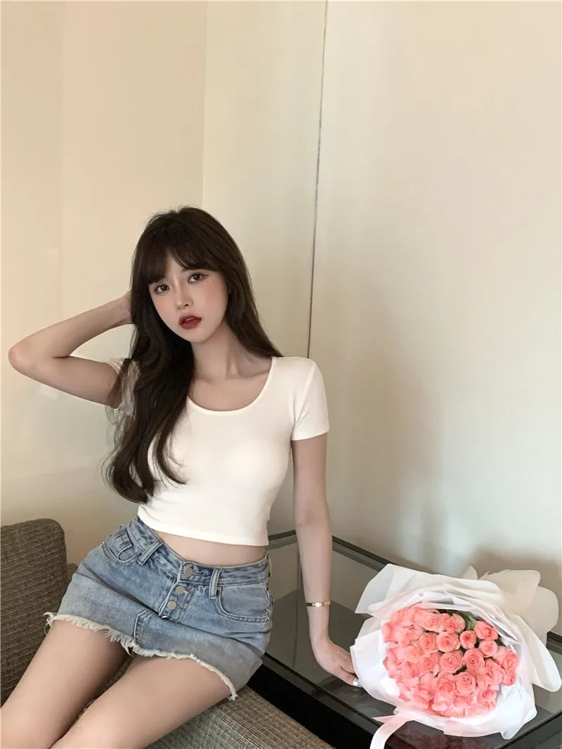 Sommerliche sexy Crop-Tops für Damen, schmal geschnitten, Kpop Y2K Kawaii Gothic T-Shirt, Harajuku Vintage, günstige Kleidung, süße Streetwear-Shirts