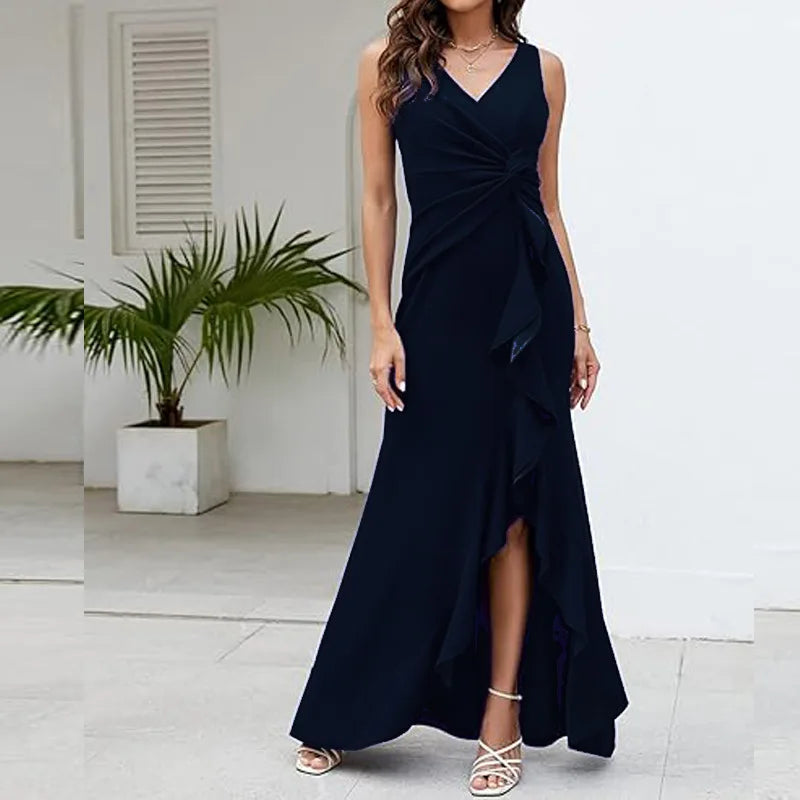Sexy Schlitz, Rüschen, ärmellos, Abendkleider für Damen, modisch, V-Ausschnitt, schlank, plissiert, elegantes weibliches Maxi-langes Kleid 2025,