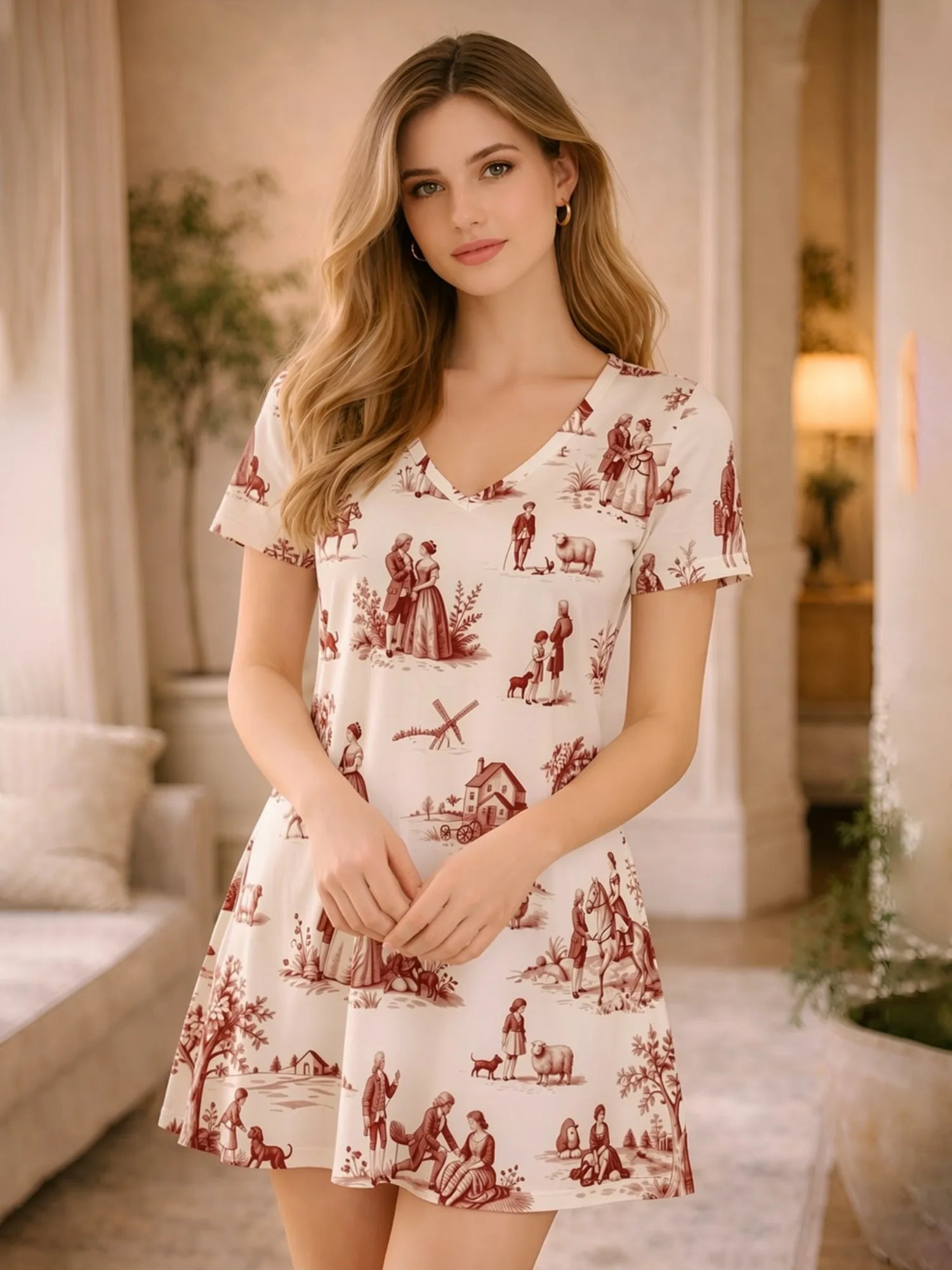 Damen-Kleid mit V-Ausschnitt, kurzen Ärmeln und Blumenmuster, Skater-Kleid für den Alltag, lässiges Outfit, schön, für den Alltag, feminin, anmutig, entspannt, leicht zu tragen, süß, Café