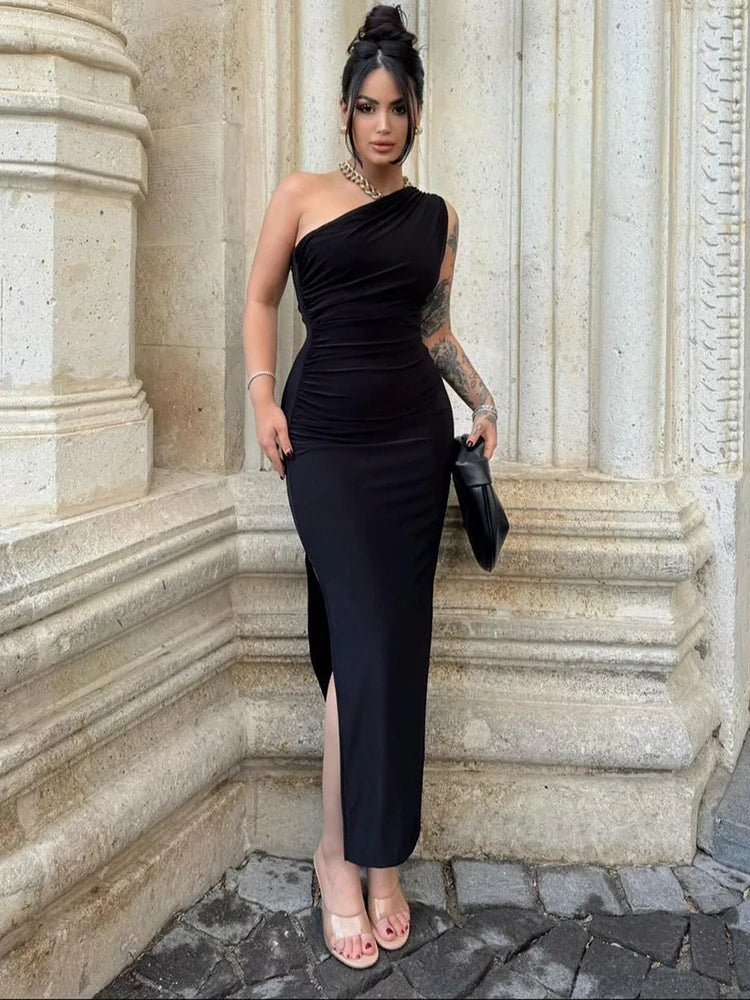Damen Maxikleider Sexy Geschlitztes Schwarzes Ärmelloses Rückenfreies Schmales Kleid Sommer Damenmode Schulterfreies Club Elegantes Partykleid