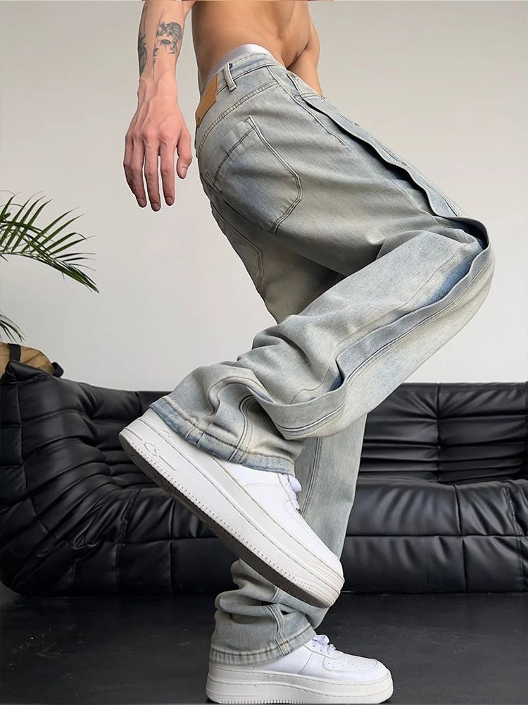Jeans für Herren, locker, hellblau, Baggy, gerade, Cowboy-Hose, Punk, gespleißt, Y2k, Vintage-Hose, 2025, koreanischer Herbst-Trend, Baumwolle