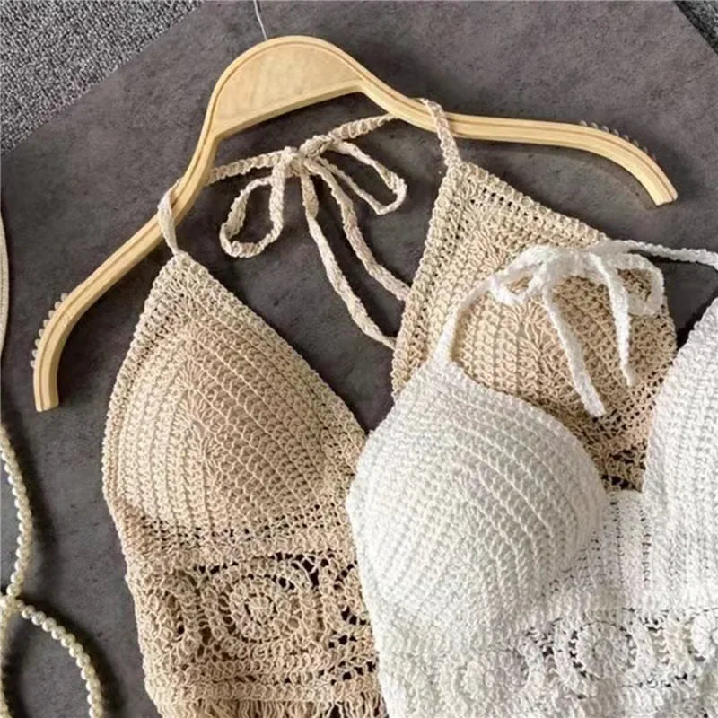 2024 sommer Sexy Strand Kurze Crop Top für Frauen Leichte Aushöhlen Häkeln Quasten Saum Halter Bhs Bustier mit Brust Pads