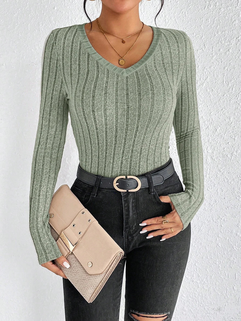 Slim Fit V-Neck Knitted Jumper Long Sleeve Top for Women Sexy Trendy Pullover Casual Wear