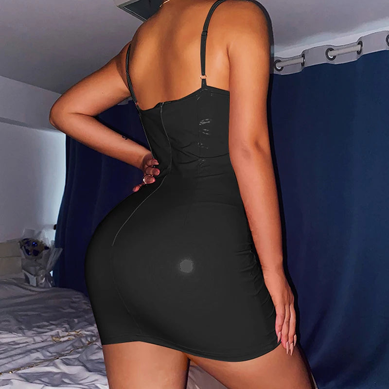Sommer Sexy Kleider HEIßER Sommer Frauen Sexy Patent Leder Zipper Up Dünne Feste Kurze Mini Kleid Größe S M L