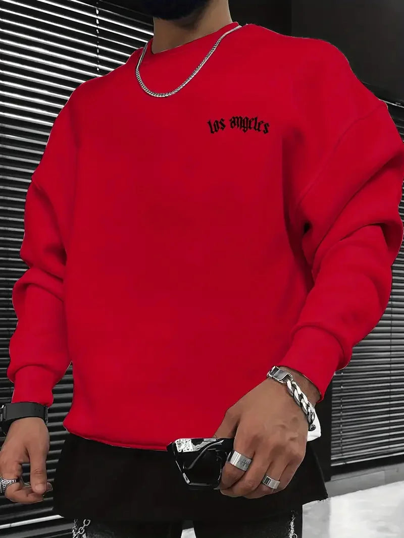 Men's autumn and winter fashionable casual loose Los Angeles letter print fleece pullover long sleeved round neck sweatshirt