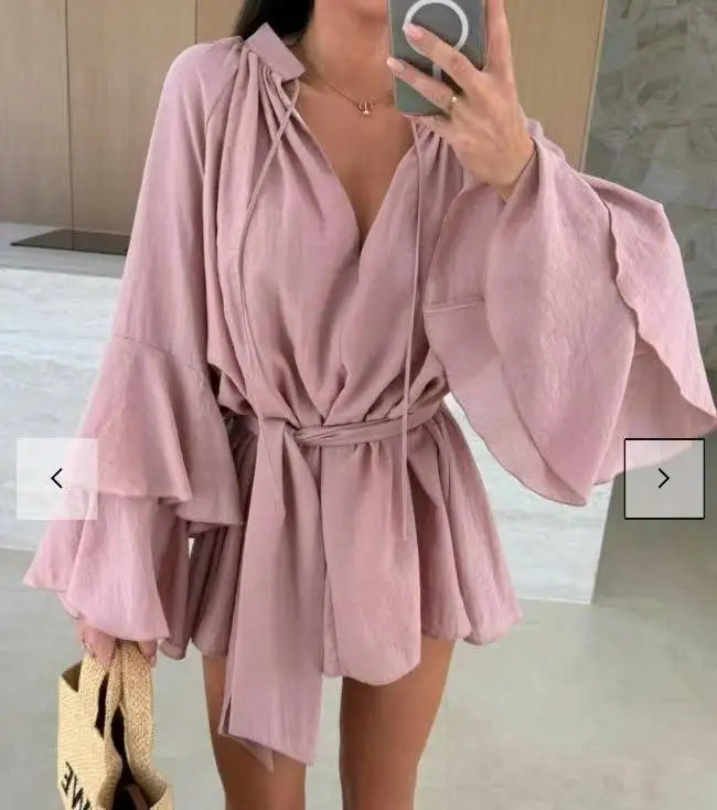 Süße ausgestellte Ärmel Kleider für Frauen 2025, sexy tiefer V-Ausschnitt, modisches Minikleid, Frühling, Sommer, Schnürung, solides Kleid, Robe Femme