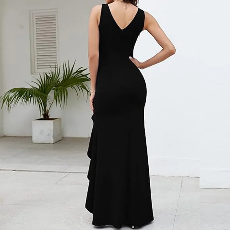 Sexy Schlitz, Rüschen, ärmellos, Abendkleider für Damen, modisch, V-Ausschnitt, schlank, plissiert, elegantes weibliches Maxi-langes Kleid 2025,