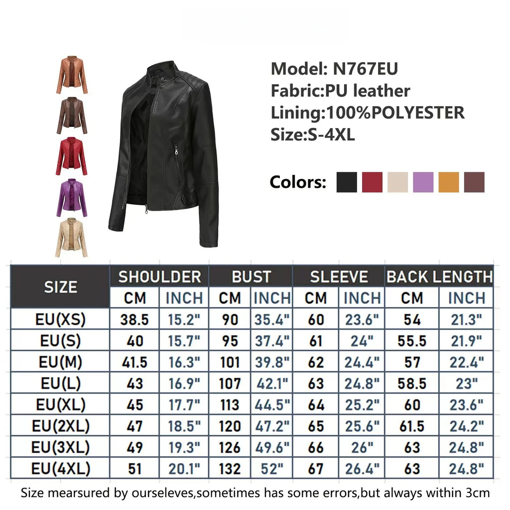 Slim Fit Biker Style Women's Leather Jacket Coat Thin Spring Autumn Stand Collar Long Sleeve Streetwear Trendy Fashion Outerwear