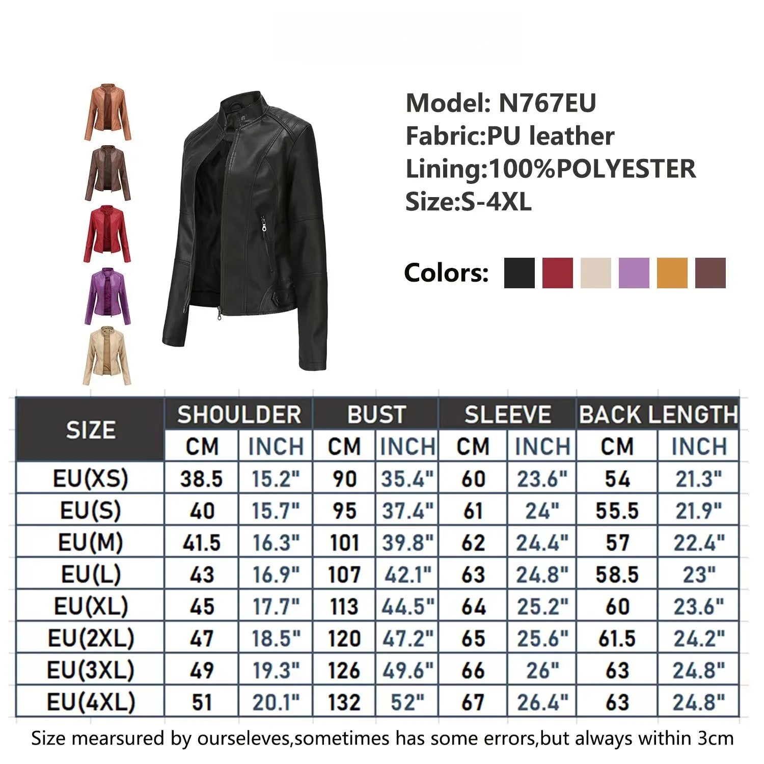 Slim Fit Biker Style Women's Leather Jacket Coat Thin Spring Autumn Stand Collar Long Sleeve Streetwear Trendy Fashion Outerwear