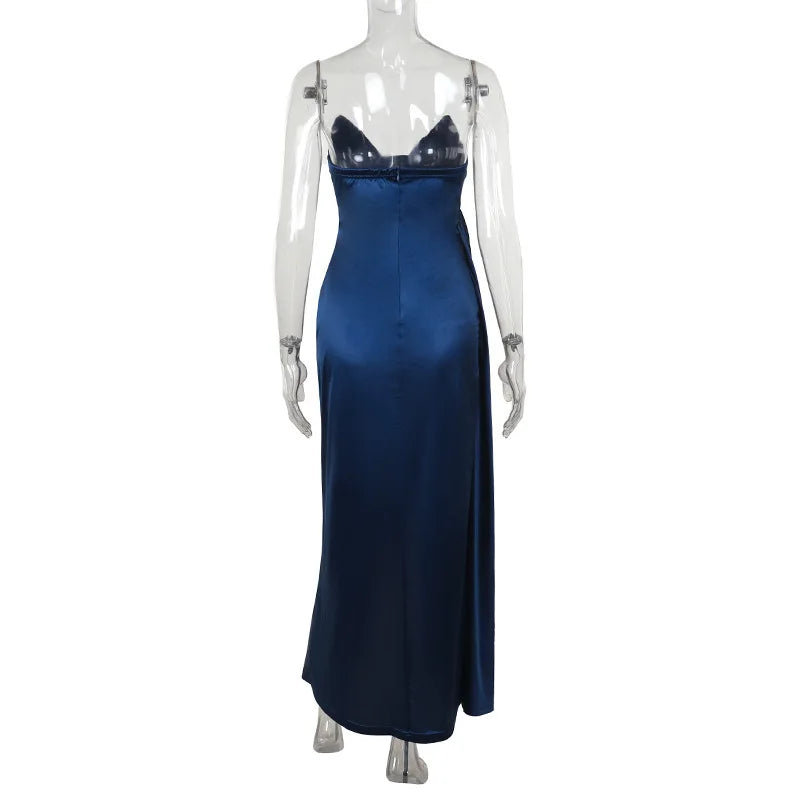 Elegantes Trägerloses Einfarbiges Abendkleid Schickes Satin-Korsettkleid für Damen V-Ausschnitt Geschlitztes Blaues Langes Kleid Damen Sommer-Partykleid