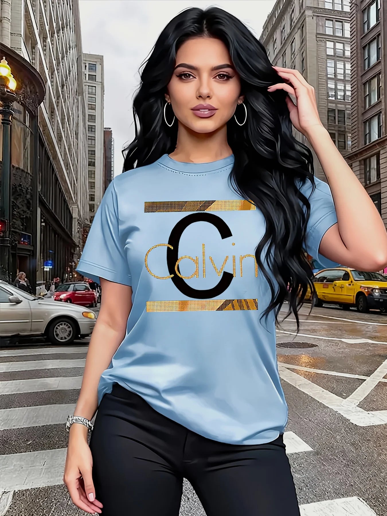 Calvin Buchstaben-Print Damen-T-Shirt - Goldgrafik Grünes Casual-Oberteil