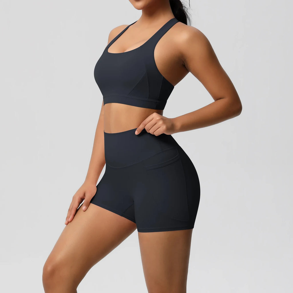 2PCS Sportswear Mit Taschen Yoga Set Gymnastik Kleidung Yoga Anzüge Für Frauen Trainingsanzüge Sport Shorts Crossover Bh Gym Leggings