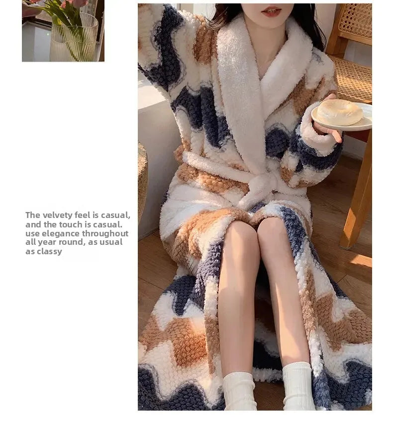 Verdickte Korallen Fleece Robe frauen V-ausschnitt Gürtel Langarm Mid-länge Süße Stil Warme Hause Kleidung Winter Saison