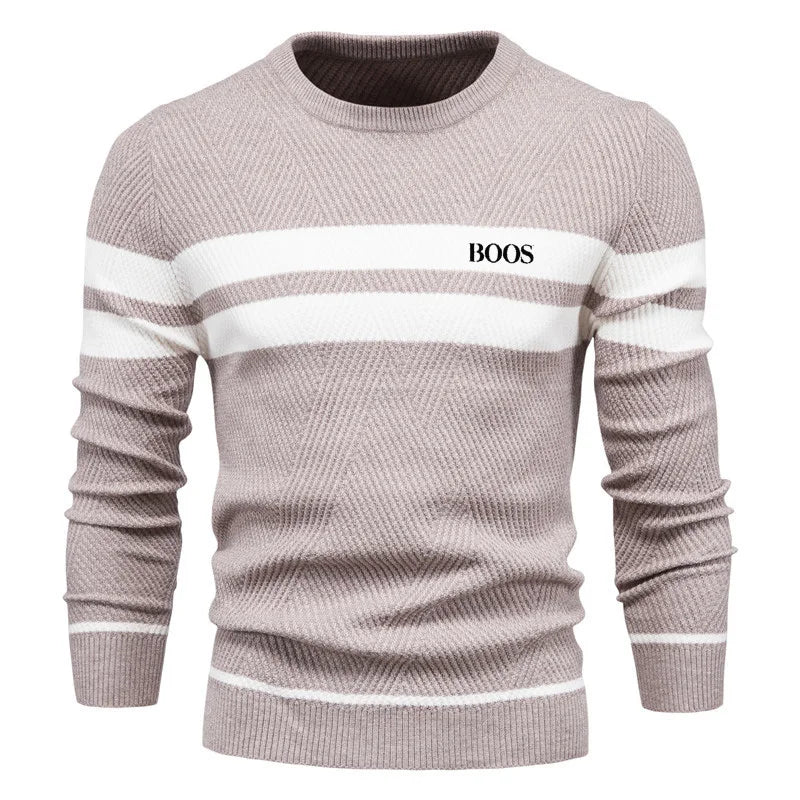 Autumn and winter men's casual striped men's sweater pullover, color blocked round neck embroidered men's European size knitted