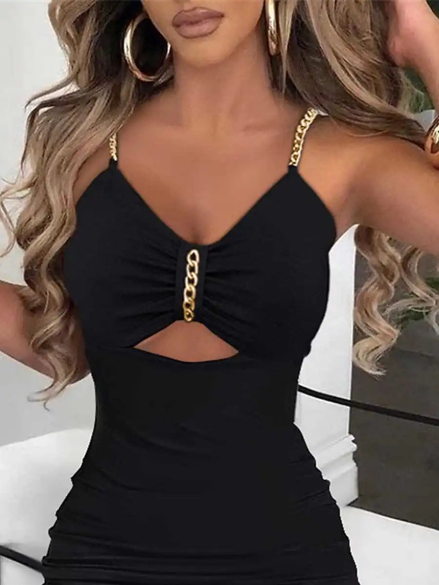 Slip Kleid Frauen Sexy Sommerkleid Split Kette Aushöhlen V-ausschnitt Ärmelloses Maxi Kleid Bodycon Vestidos Party Mantel Kleider 2023