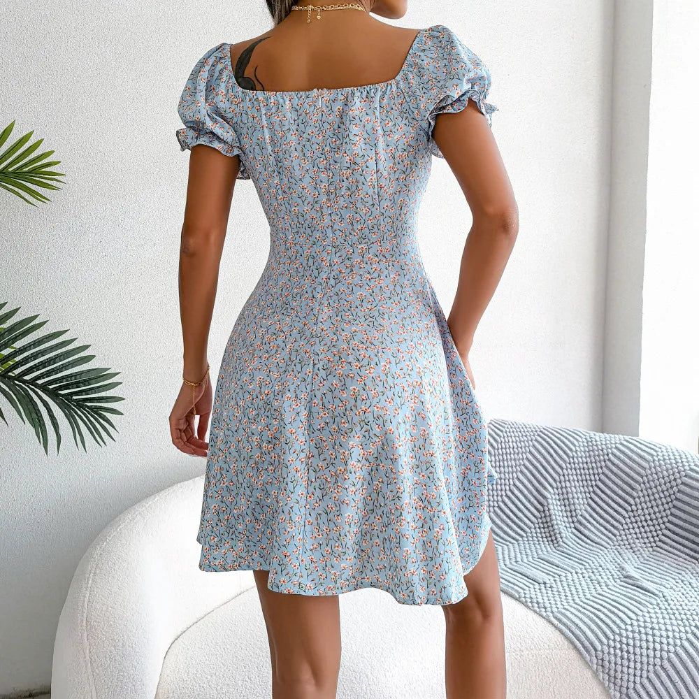 Sommer Blumendruck Kurzes Kleid Bufftrly Ärmel Retro Damenkleider Mode Lässig Square Neck Tunika Strandkleid Elegant Chic