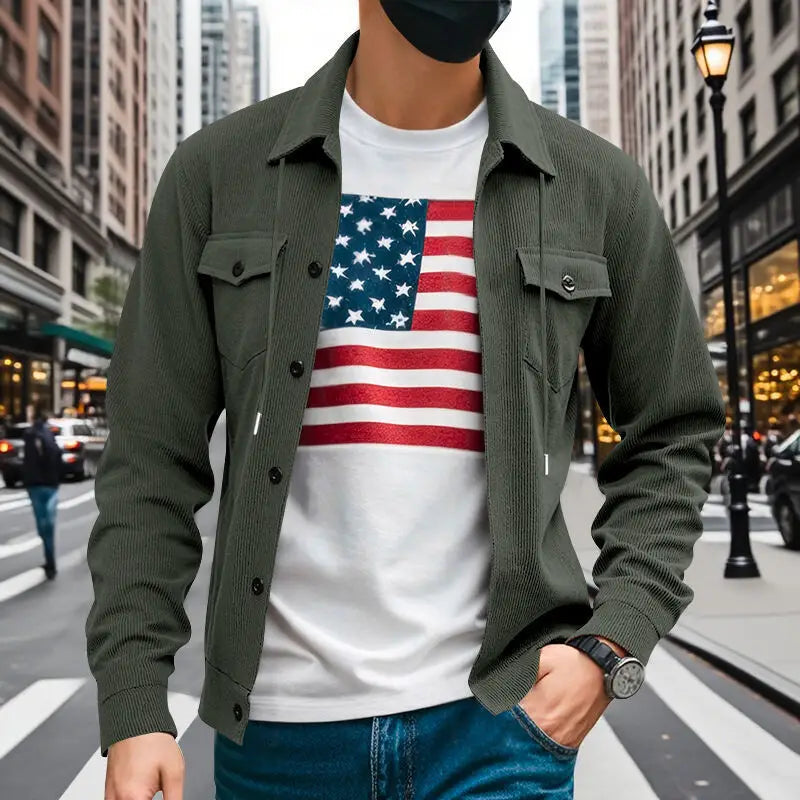 Amerikanische schwere Cord-Herrenjacke, einfache und vielseitige Langarmjacke mit Stehkragen und mehreren Taschen