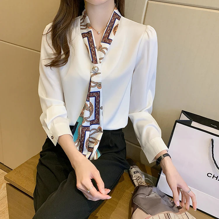 H Han Königin Frühling Chiffon Einfache Büro Dame Bluse Weibliches Hemd Bogen Tops Langarm Casual Koreanische OL Lose Blusen Frauen