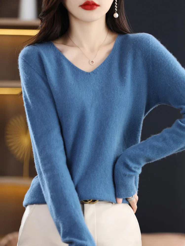 Frauen 100% Merinowolle Pullover V-Ausschnitt Basic Pullover Herbst Winter Kaschmir Kleidung Langarm weiche Strickwaren Tops einfarbig