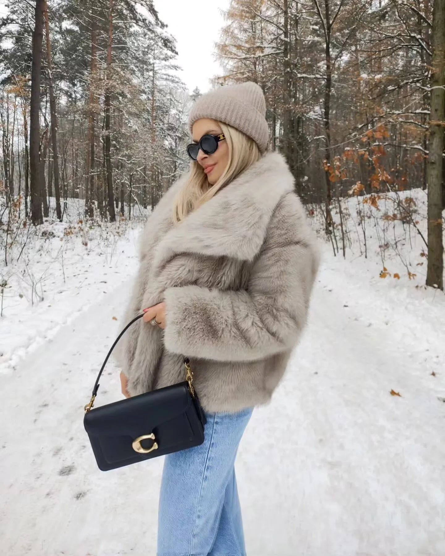 MUJER Schwarzer Kunstpelzmantel für Damen, Herbst-Winter-Plüschmäntel und Jacken, Streetwear-Outer, langärmelig, warme Damenmäntel