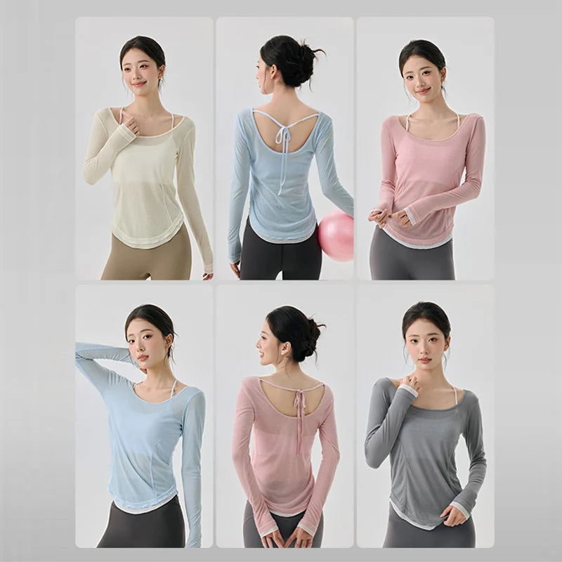 Frauen Fitness Gym Yoga Tops leichte atmungsaktive sexy rückenfreie langärmelige Sport Tops Cover-up T-Shirt Damenbekleidung
