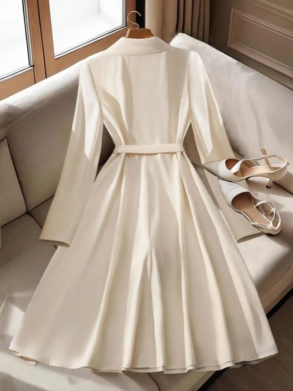 Elegantes, einfarbiges Midikleid mit Reverskragen, langen Ärmeln und Doppelknopfleiste für Damen, Herbstkleidung.