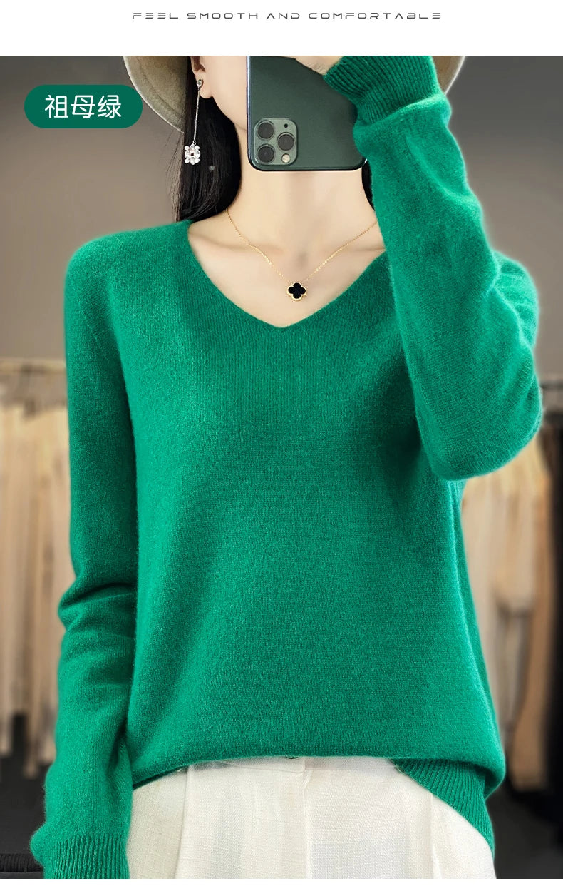 Frauen 100% Merinowolle Pullover V-Ausschnitt Basic Pullover Herbst Winter Kaschmir Kleidung Langarm weiche Strickwaren Tops einfarbig