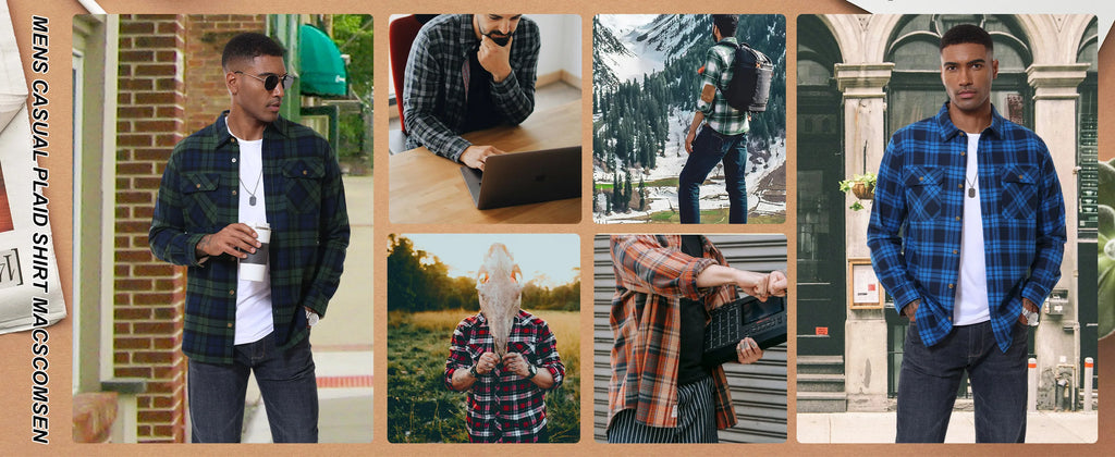MAGCOMSEN Flannel Shirts Men's Long Sleeves Cotton Long Sleeve Plaid Shirt with 2 Pockets Button Down Casual Corduroy Shirt Male